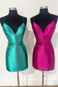 Fuchsia Plunging V Neck Satin Sheath Homecoming Dress