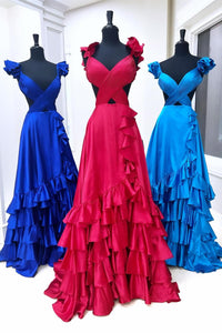 Red Ruffled Crossed Top Hi-Low Layers Long Prom Dress