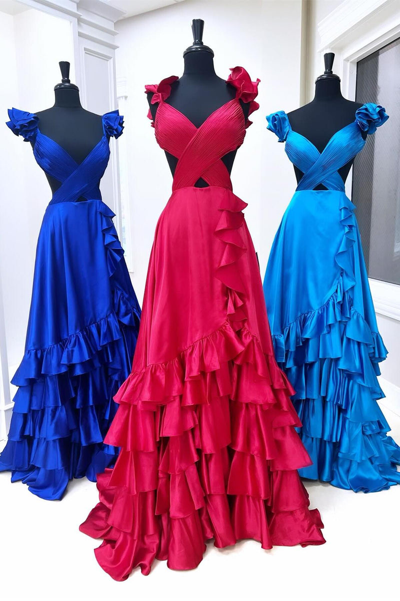 Red Ruffled Crossed Top Hi-Low Layers Long Prom Dress