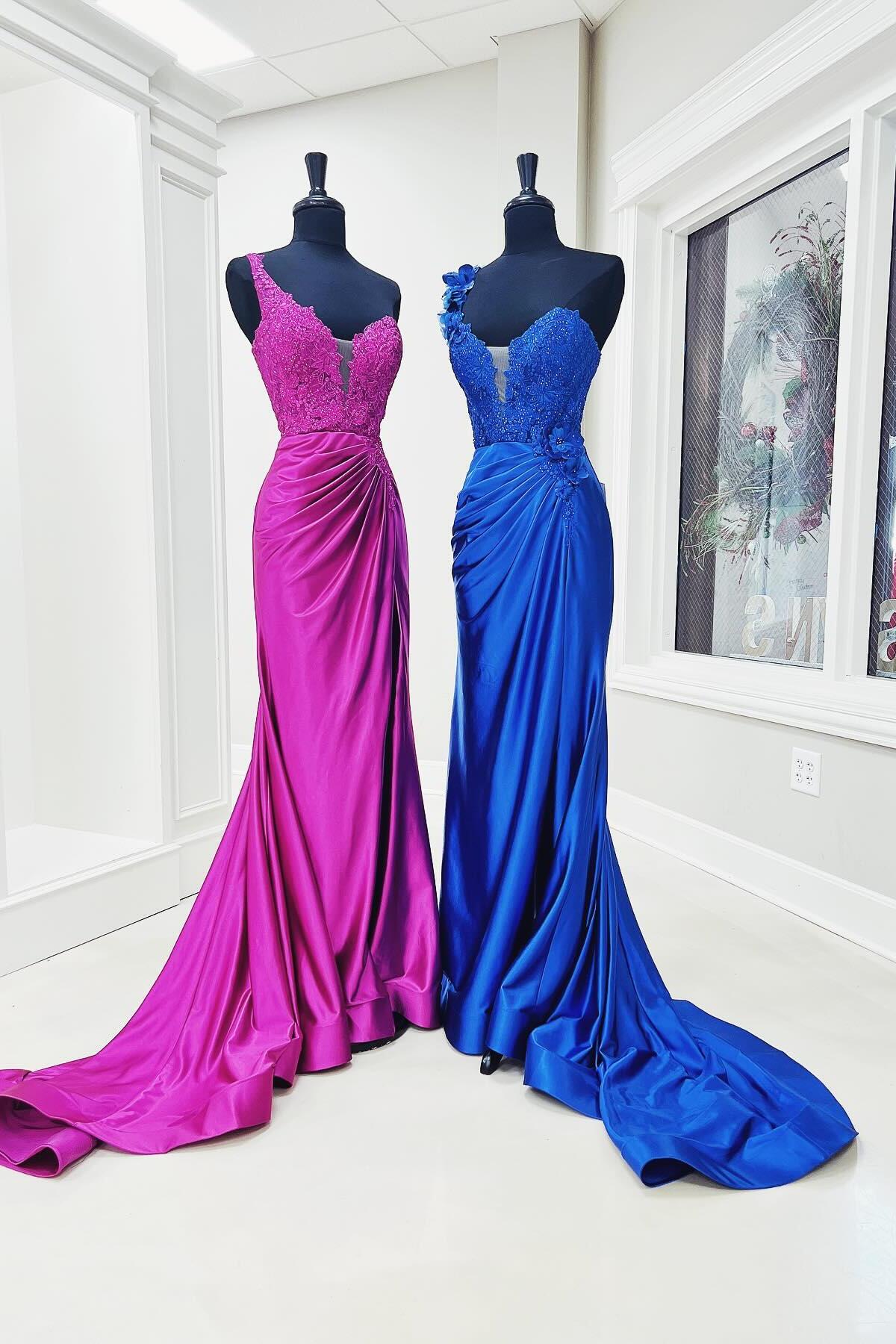 Fuchsia One Shoulder Floral Mermaid Long Prom Dress