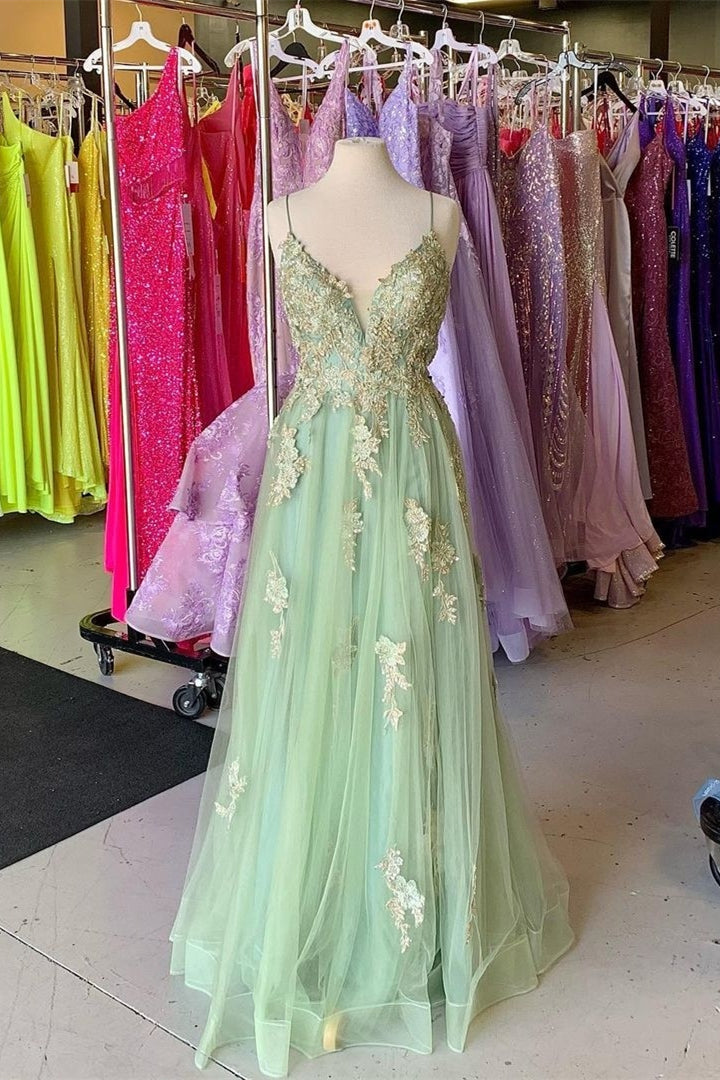 Sage Green Floral Appliques Straps A-Line Prom Dress – Dreamdressy