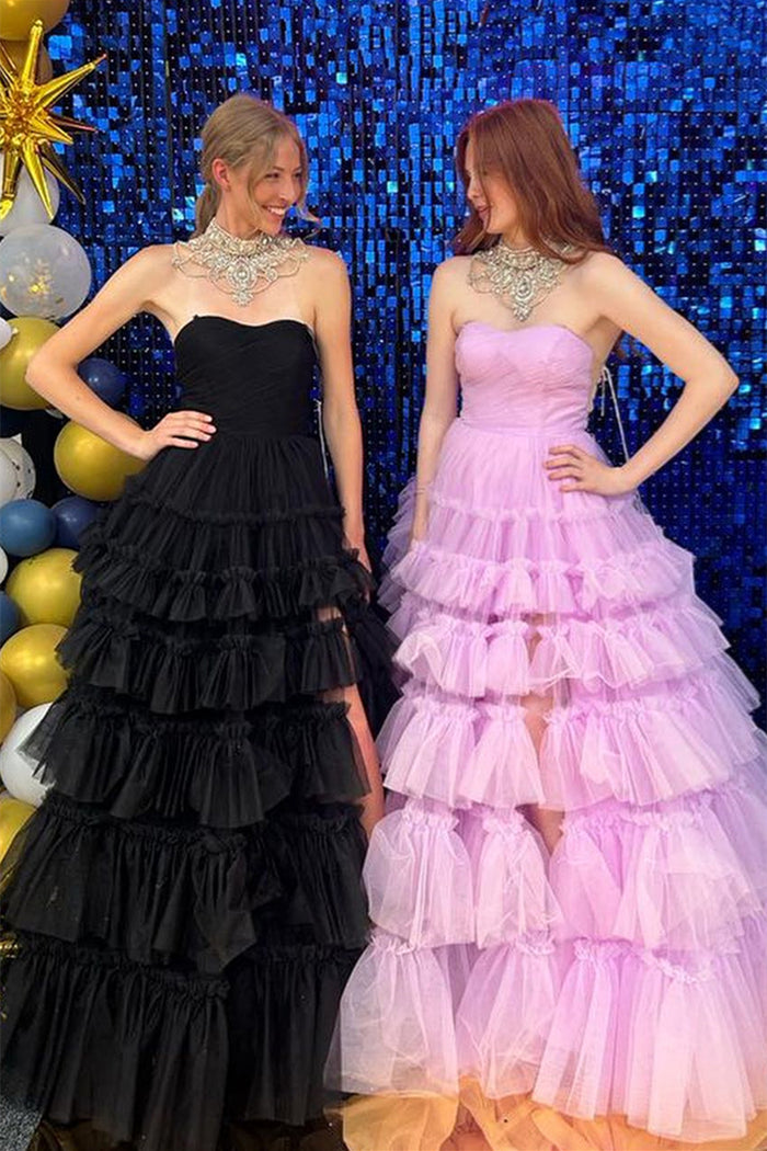 Black & Lilac A-line Multi-Layers Strapless Tulle Long Prom Dress with Slit