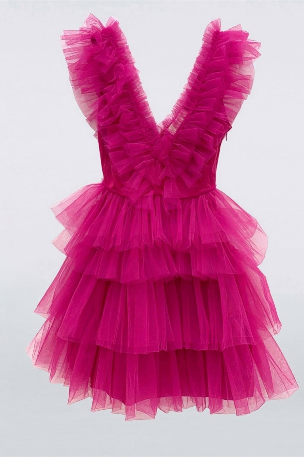 Pink Ruffle-Layers Plunging V Neck Homecoming Dress