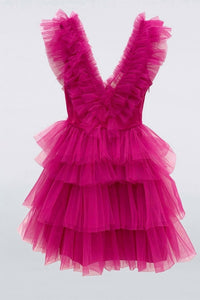 Pink Ruffle-Layers Plunging V Neck Homecoming Dress