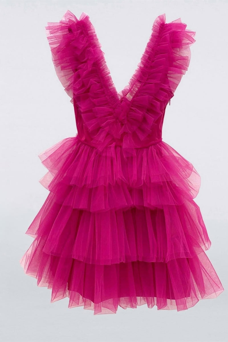 Pink Ruffle-Layers Plunging V Neck Homecoming Dress