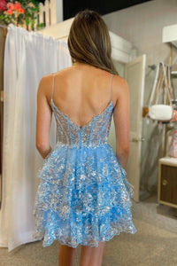 Pink Straps Sequined Multi-Layers Tulle Homecoming Dress