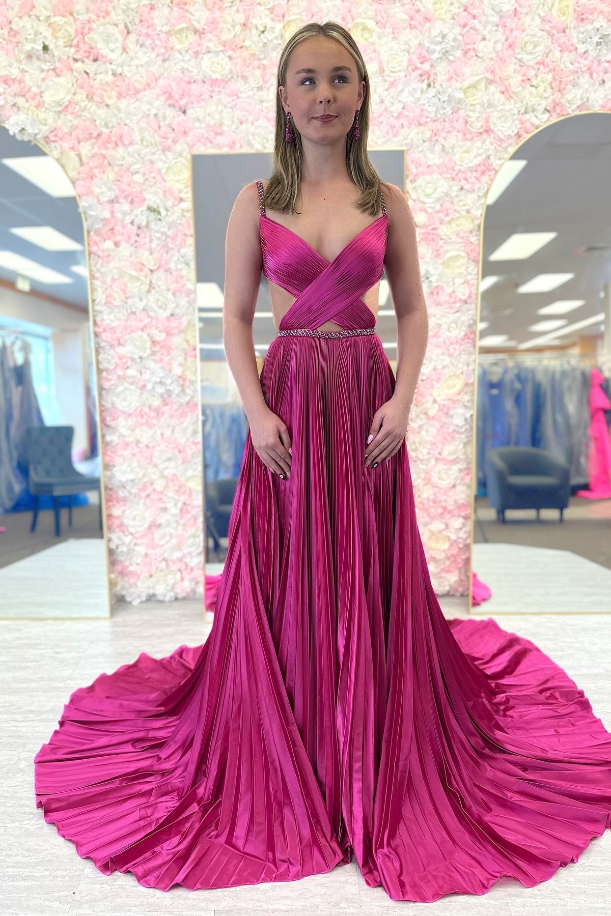 Purple Sequin Strap Pleated Prom Dress with Keyhole