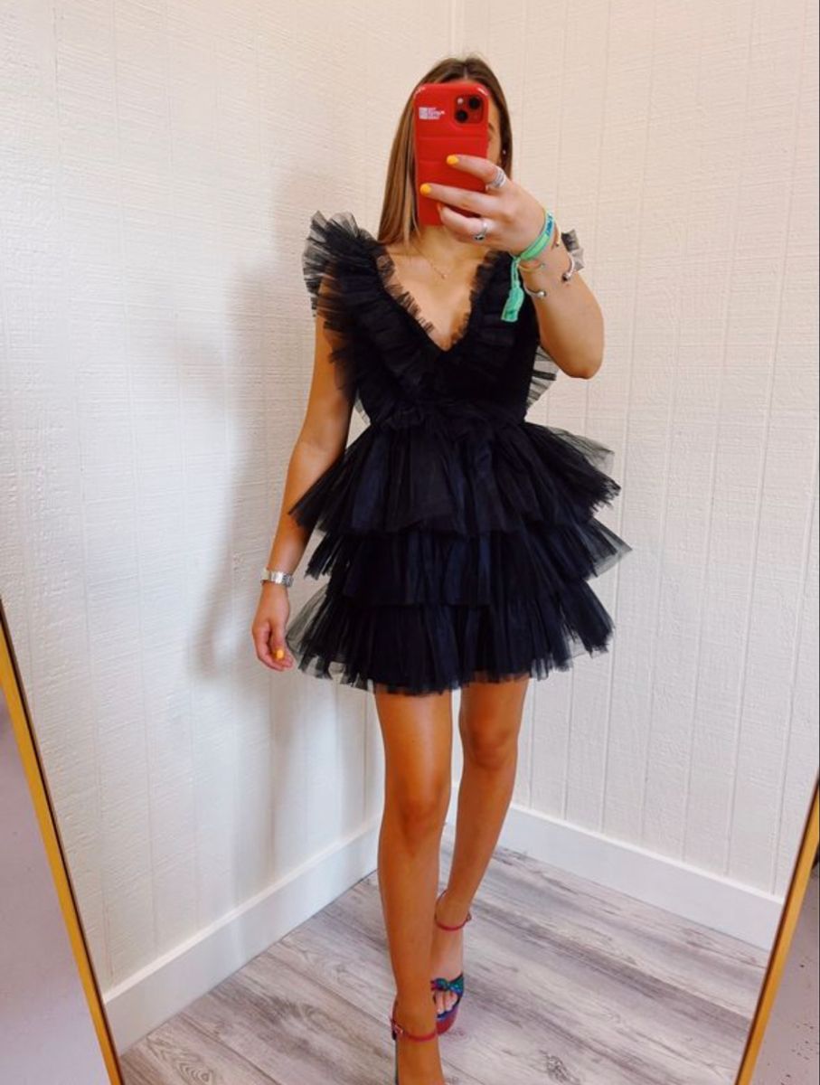 Pink Ruffle-Layers Plunging V Neck Homecoming Dress