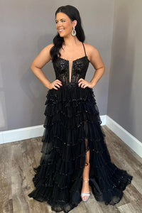 Light Pink Spaghetti Straps Sequined Layers Floral Long Prom Dress with Slit