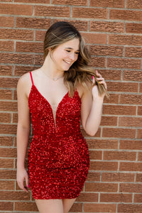 Red Sequins Sheath Plunging V Neck Straps Homecoming Dress