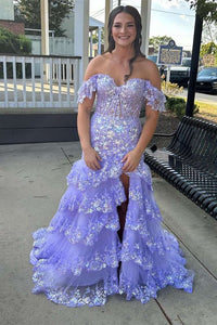 Red Off-the-Shoulder Sequined Appliques Multi-Layers Long Prom Dress with Slit