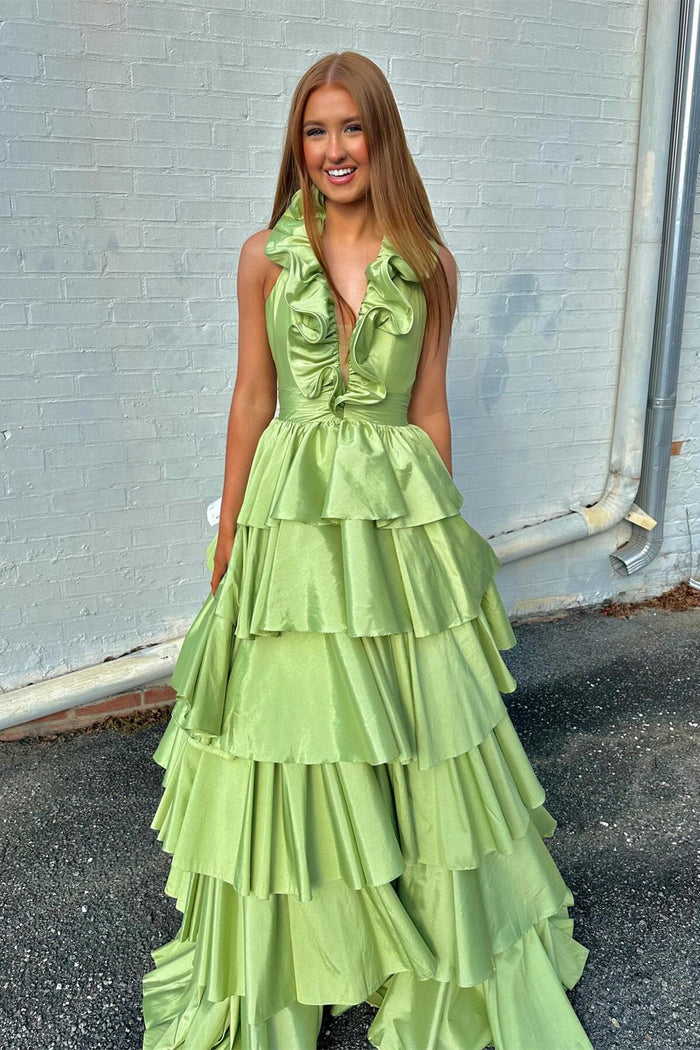 Red Ruffled Plunging V Neck Layers Long Prom Dress with Slit