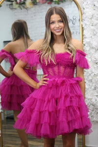 Off the Shoulder Lavender Corset Ruffle Short Dress