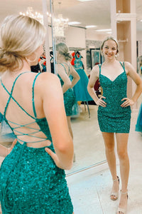 Orange Sequins Double Straps Sheath Homecoming Dress