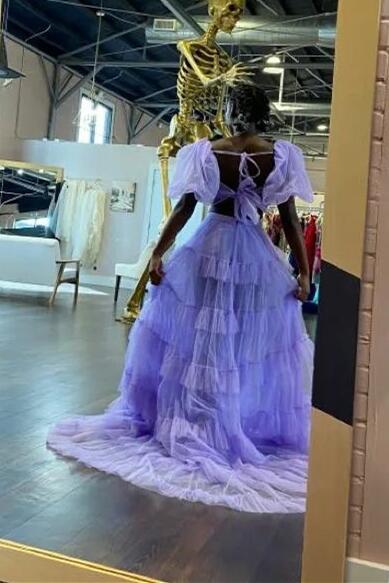 Pink Tow-Piece Bow Tie Multi-Layers Tulle Long Prom Dress with Slit