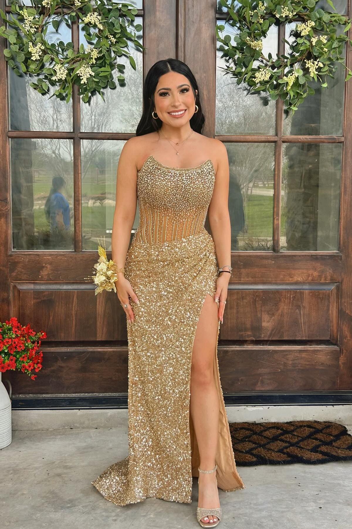 Strapless Beaded Red Sequin Fitted Long Formal Dress