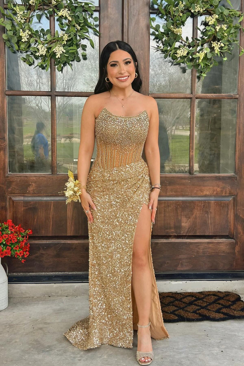 Strapless Beaded Red Sequin Fitted Long Formal Dress