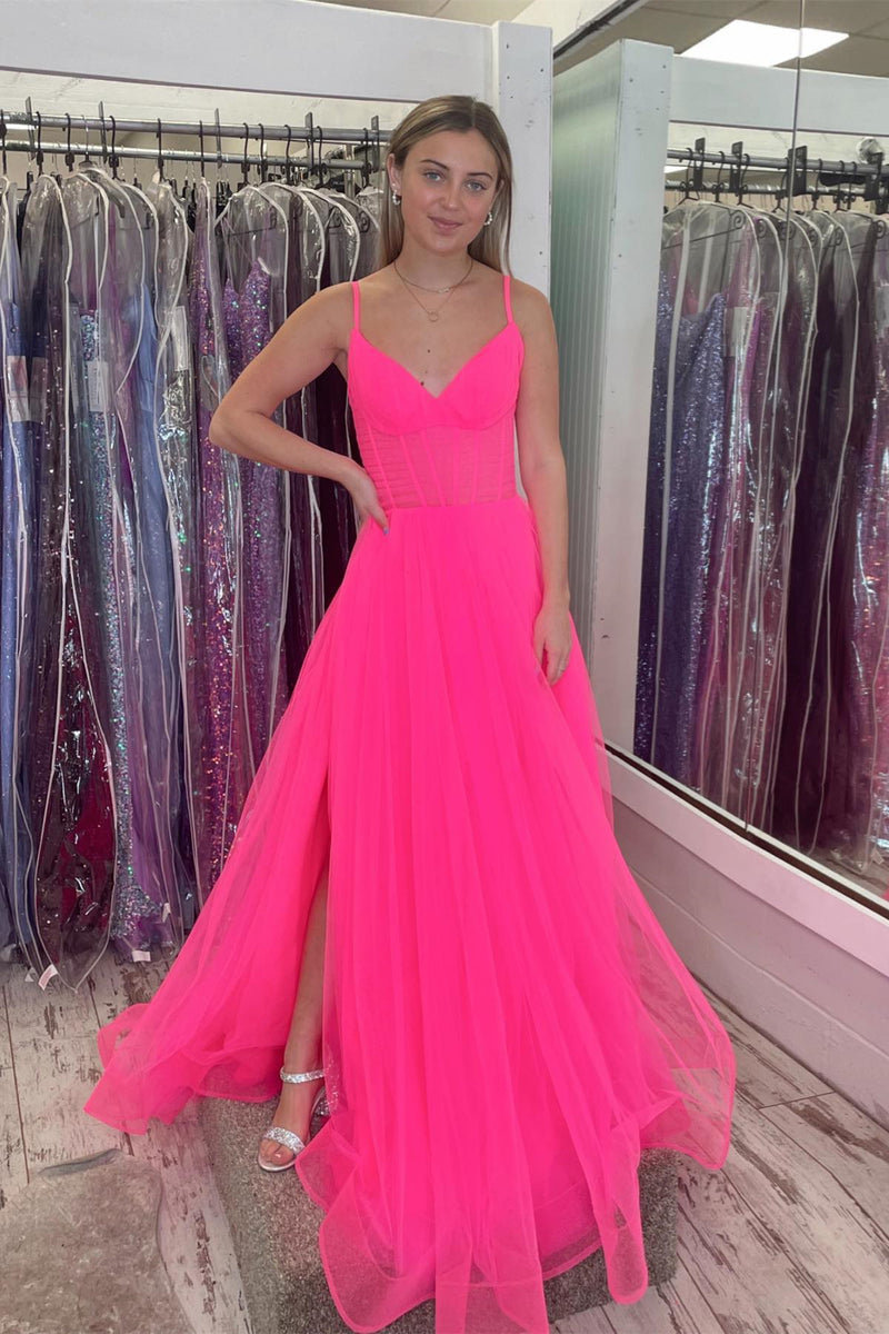 Hot Pink V Neck Tulle A-line Prom Dress with Slit