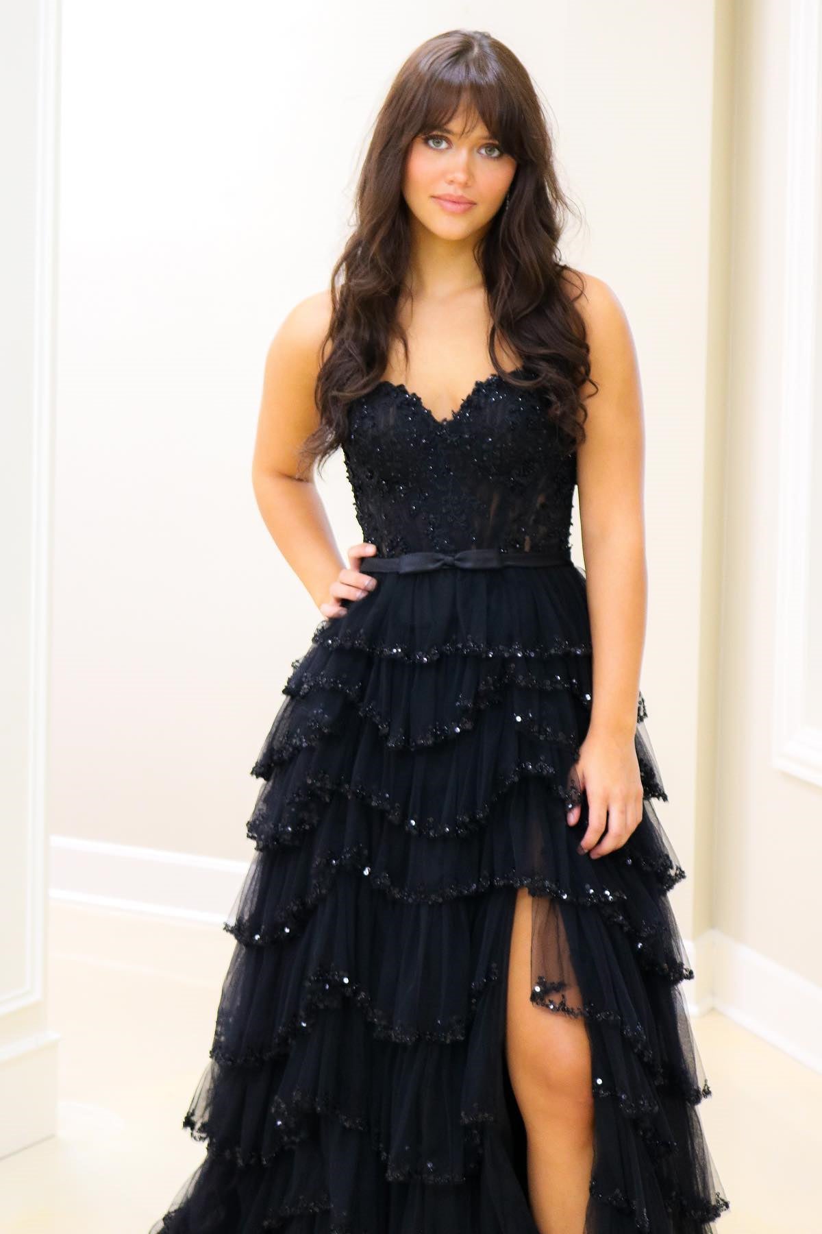 White Straps Floral Sequined Multi-Layers Long Prom Dress with Slit