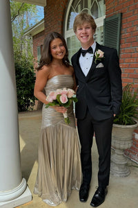 Strapless Metallic Silver Pleated Long Dress