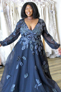 Dark Blue Plunging V Neck Appliques Long Sleeves Long Mother of Bride Dress