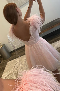 Pink Plunging V Neck Beaded A-line Homecoming Dress with Feathers