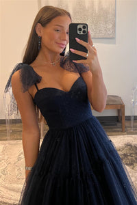 Dark Navy Bow Tie Shoulder Dot Tulle A-line Long Prom Dress