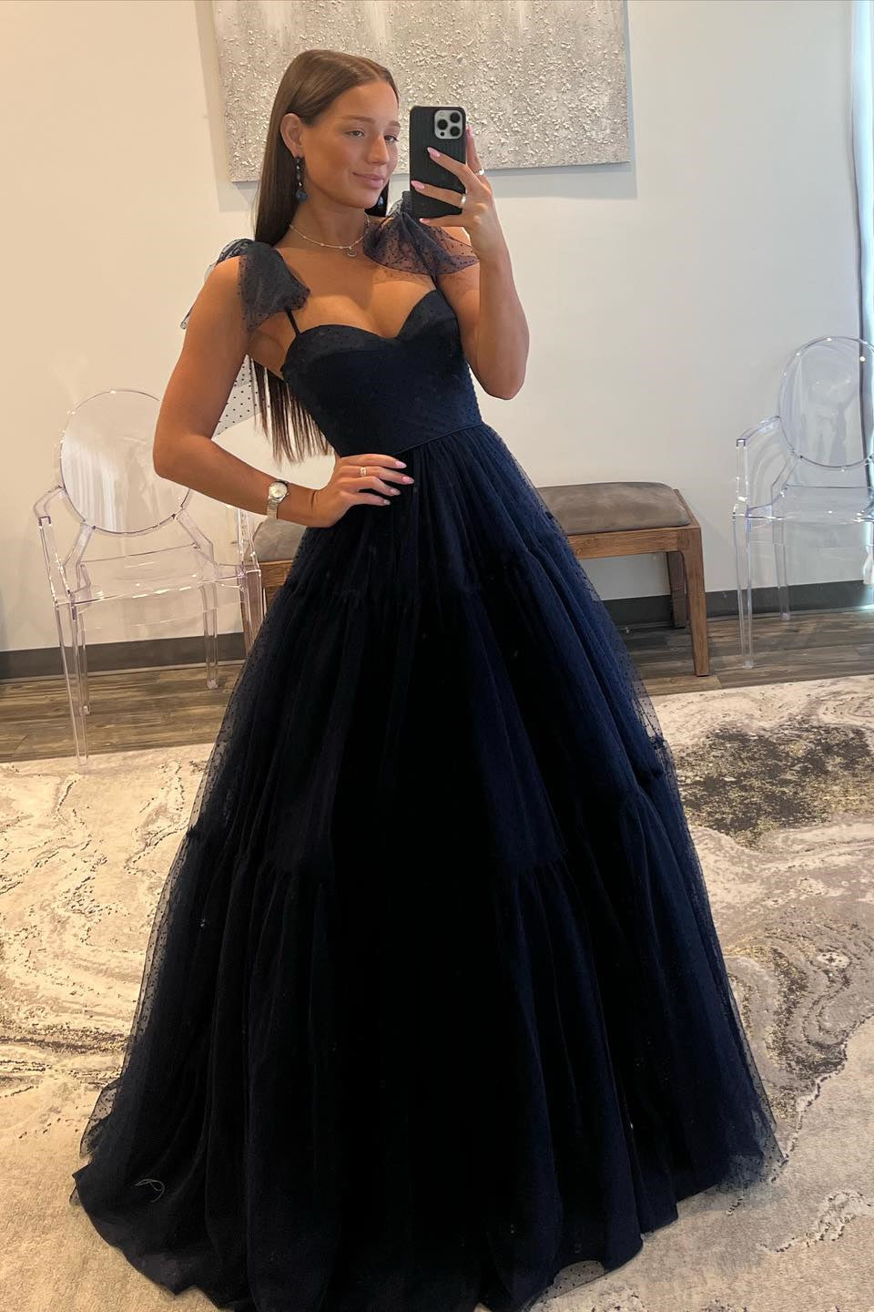 Dark Navy Bow Tie Shoulder Dot Tulle A-line Long Prom Dress