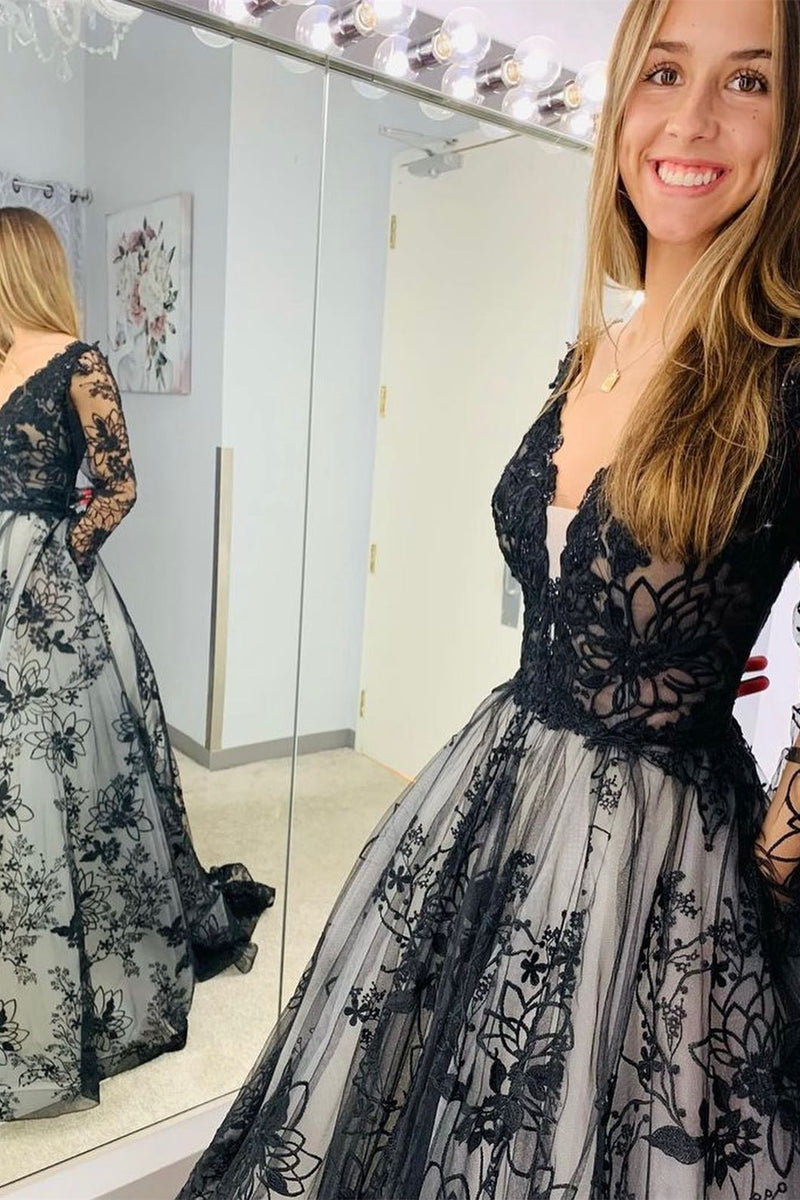 Black Appliques Illusion Long Sleeves Deep V Neck Long Wedding Dress