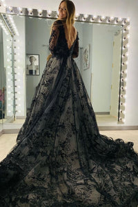 Black Appliques Illusion Long Sleeves Deep V Neck Long Wedding Dress