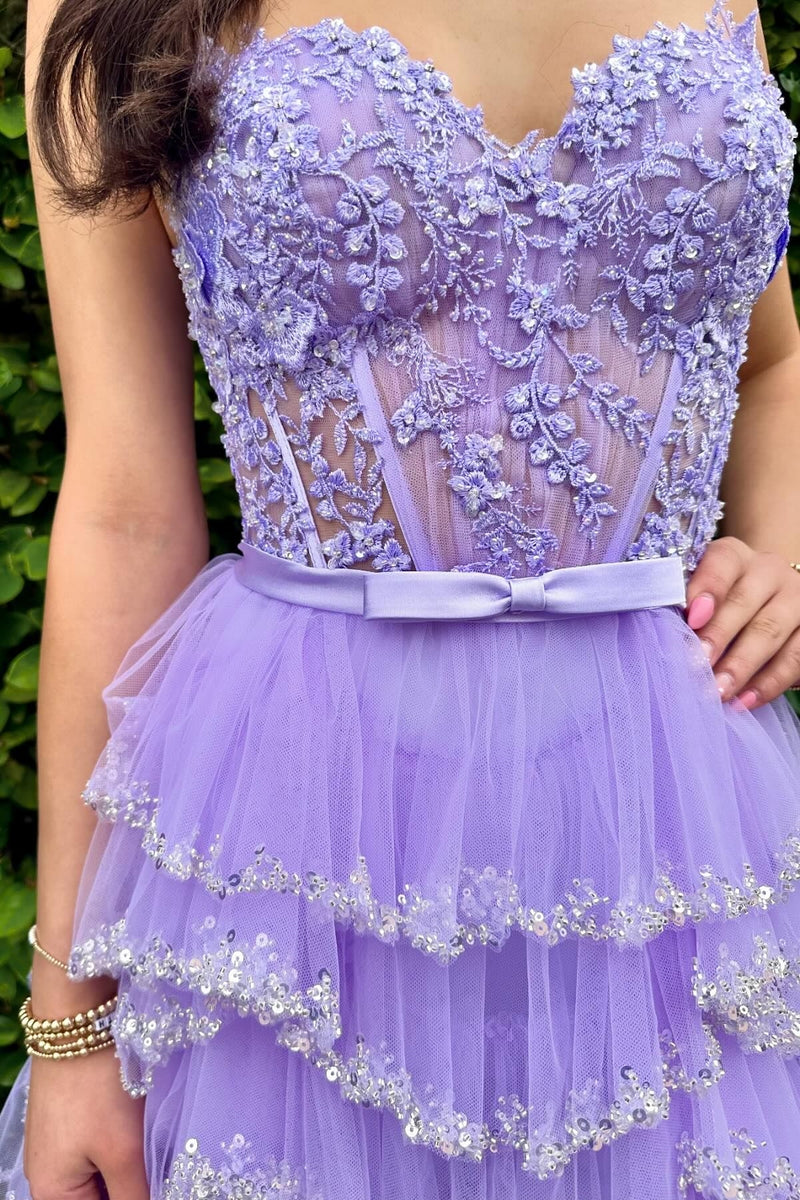 White Straps Floral Sequined Multi-Layers Long Prom Dress with Slit