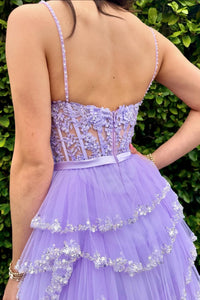 White Straps Floral Sequined Multi-Layers Long Prom Dress with Slit