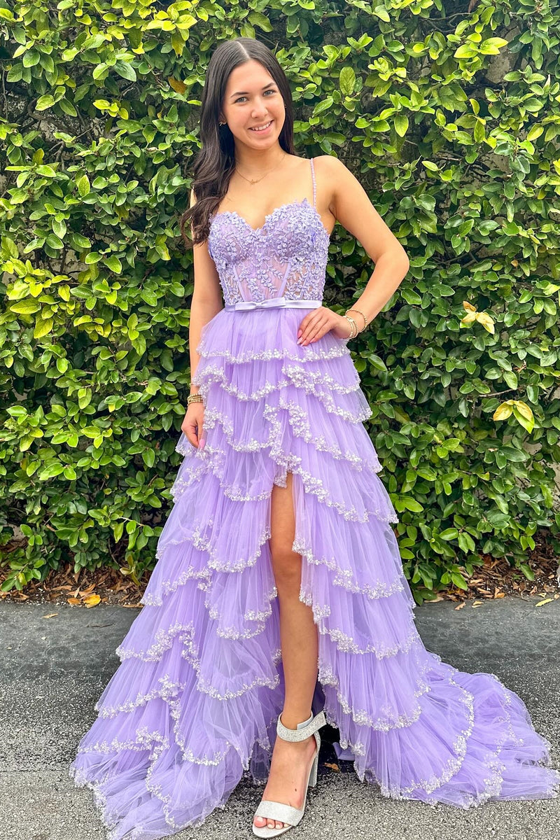 White Straps Floral Sequined Multi-Layers Long Prom Dress with Slit