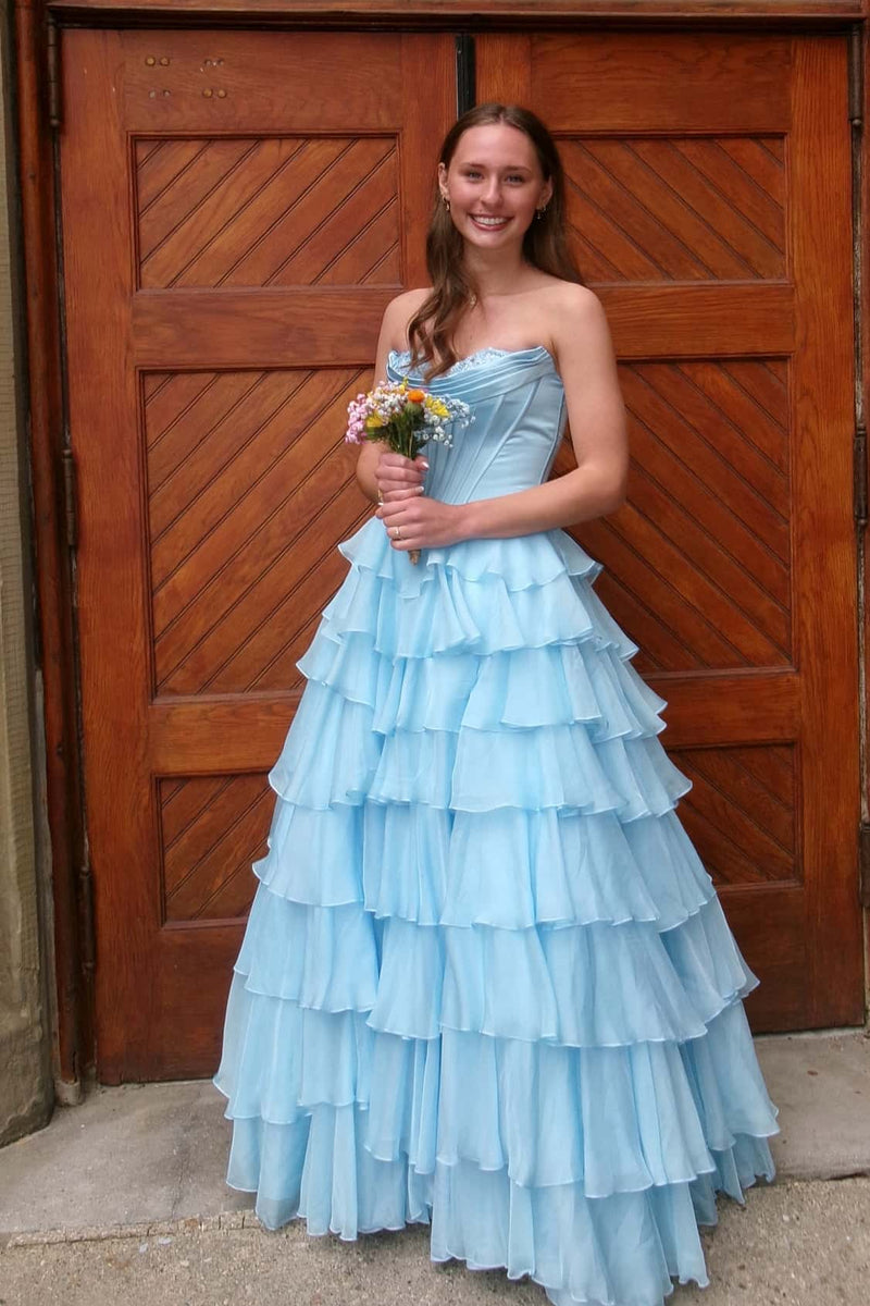 Sweetheart Yellow Lace Appliques A-line Ruffle Prom Dress