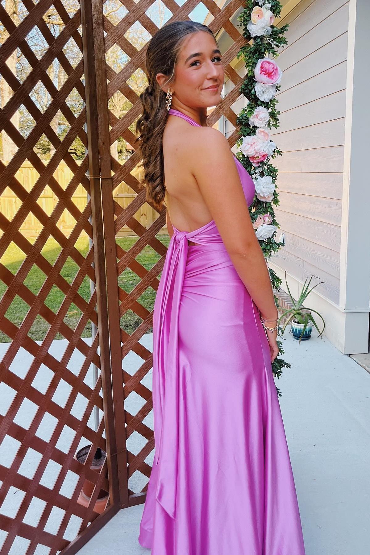 Halter Pink Fitted Long Formal Dress
