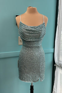 Hot Pink Straps Cowl Neck Sequins Homecoming Dress with Slit