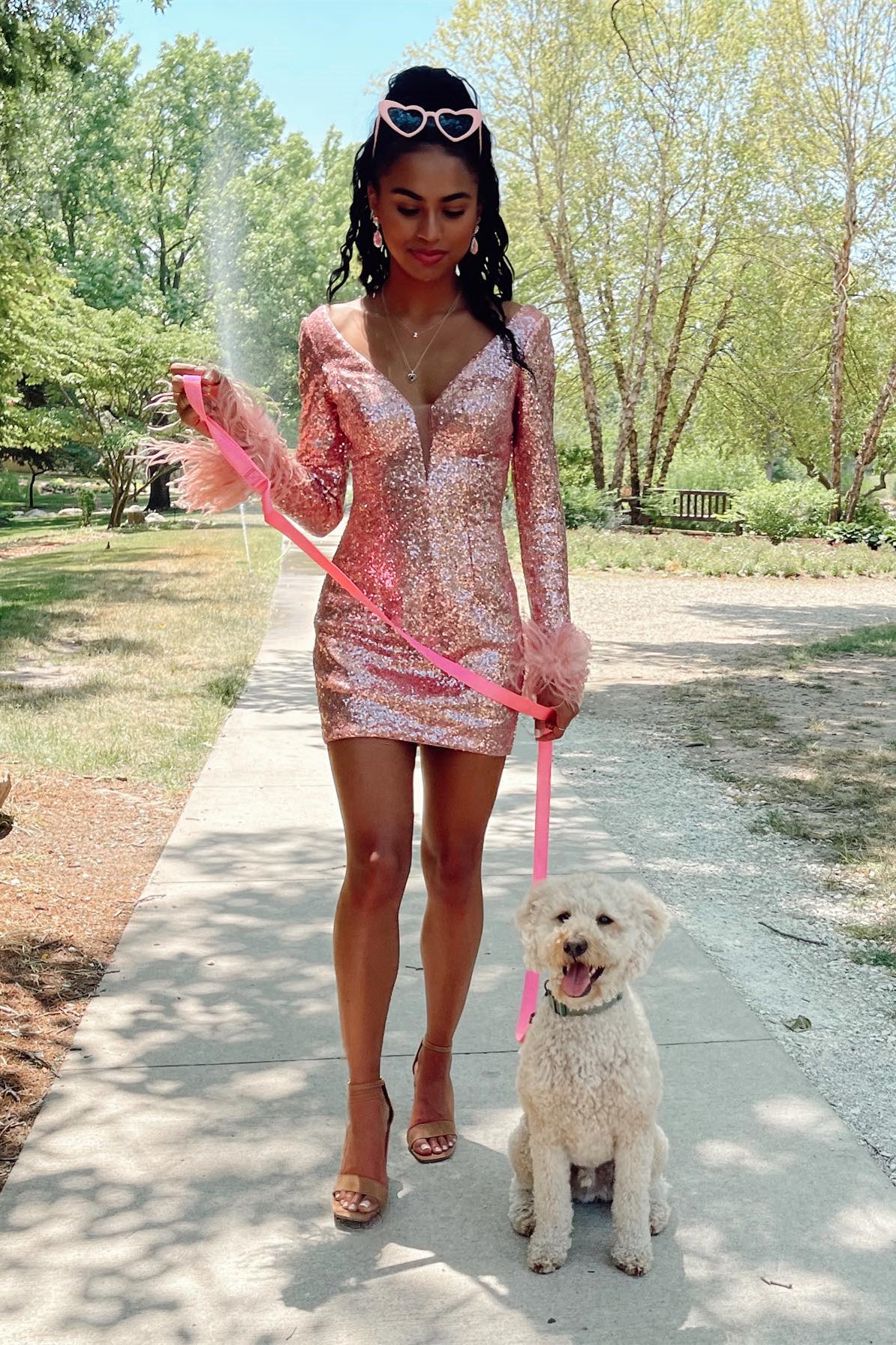 Fuchsia Sequins Sheath Deep V Neck Long Sleeves Homecoming Dress with Feathers