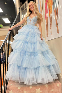 Lilac Floral Layers Spaghetti Straps Long Prom Dress