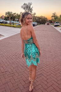 Blue & Gold Sequin V-Neck Fringe Cocktail Gown