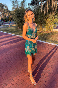 Blue & Gold Sequin V-Neck Fringe Cocktail Gown