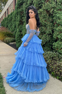 White Beaded Top Strapless Ruffle-Layers Long Prom Dress with Detachable Sleeves