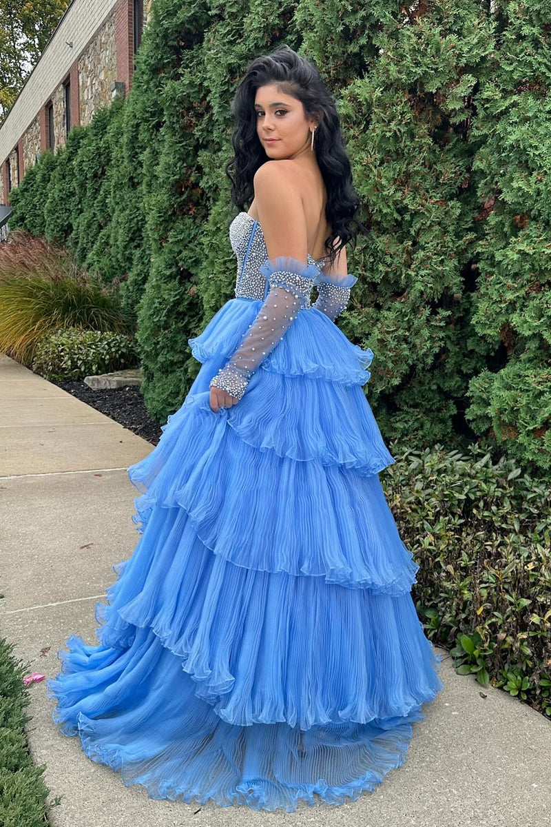 White Beaded Top Strapless Ruffle-Layers Long Prom Dress with Detachable Sleeves