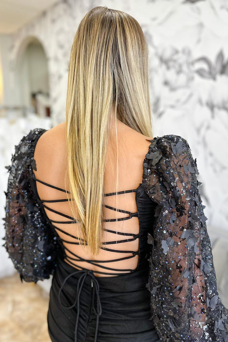 Red Long Sleeves Sheath Deep V Neck Appliques Homecoming Dress