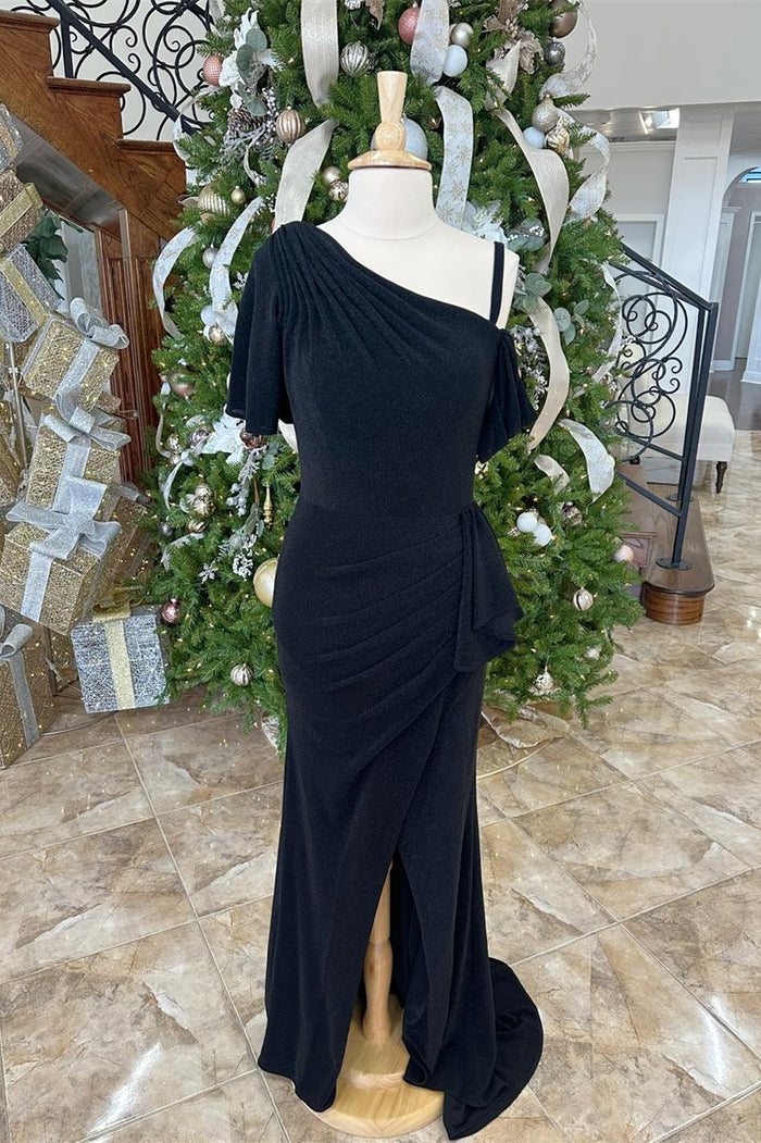 Black One Shoulder Mermaid Ruffle Lomg Mother of Bride Dress with Slit