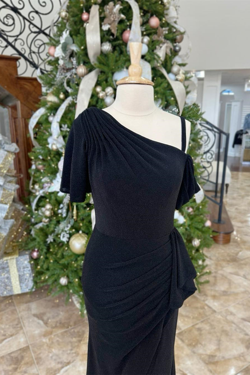 Black One Shoulder Mermaid Ruffle Lomg Mother of Bride Dress with Slit