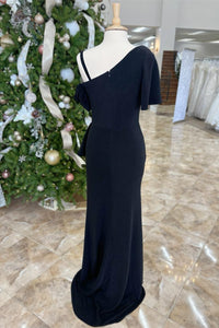 Black One Shoulder Mermaid Ruffle Lomg Mother of Bride Dress with Slit