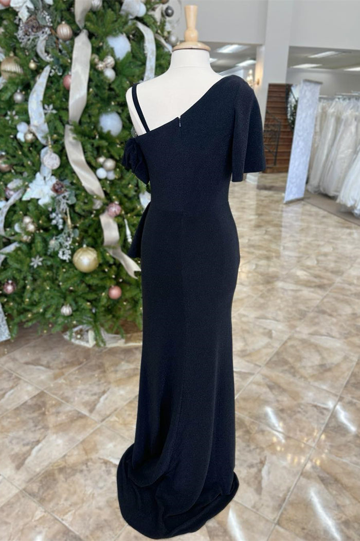 Black One Shoulder Mermaid Ruffle Lomg Mother of Bride Dress with Slit