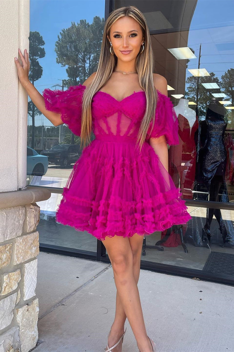 Pink Off-the-Shoulder Ruffles Puff Sleeves Homecoming Dress