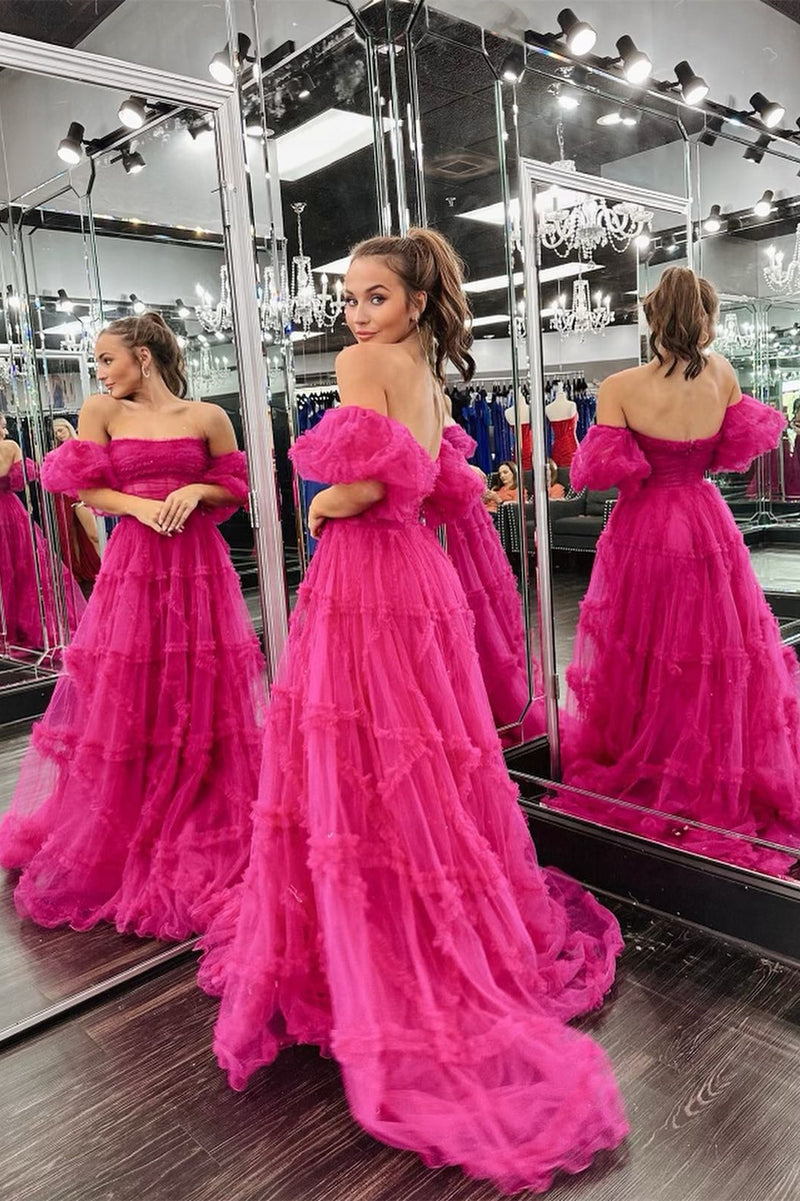 Fuchsia Strapless Tulle A-line Ruffles Long Prom Dress