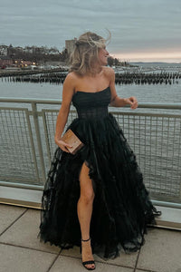 Fuchsia Strapless Tulle A-line Ruffles Long Prom Dress